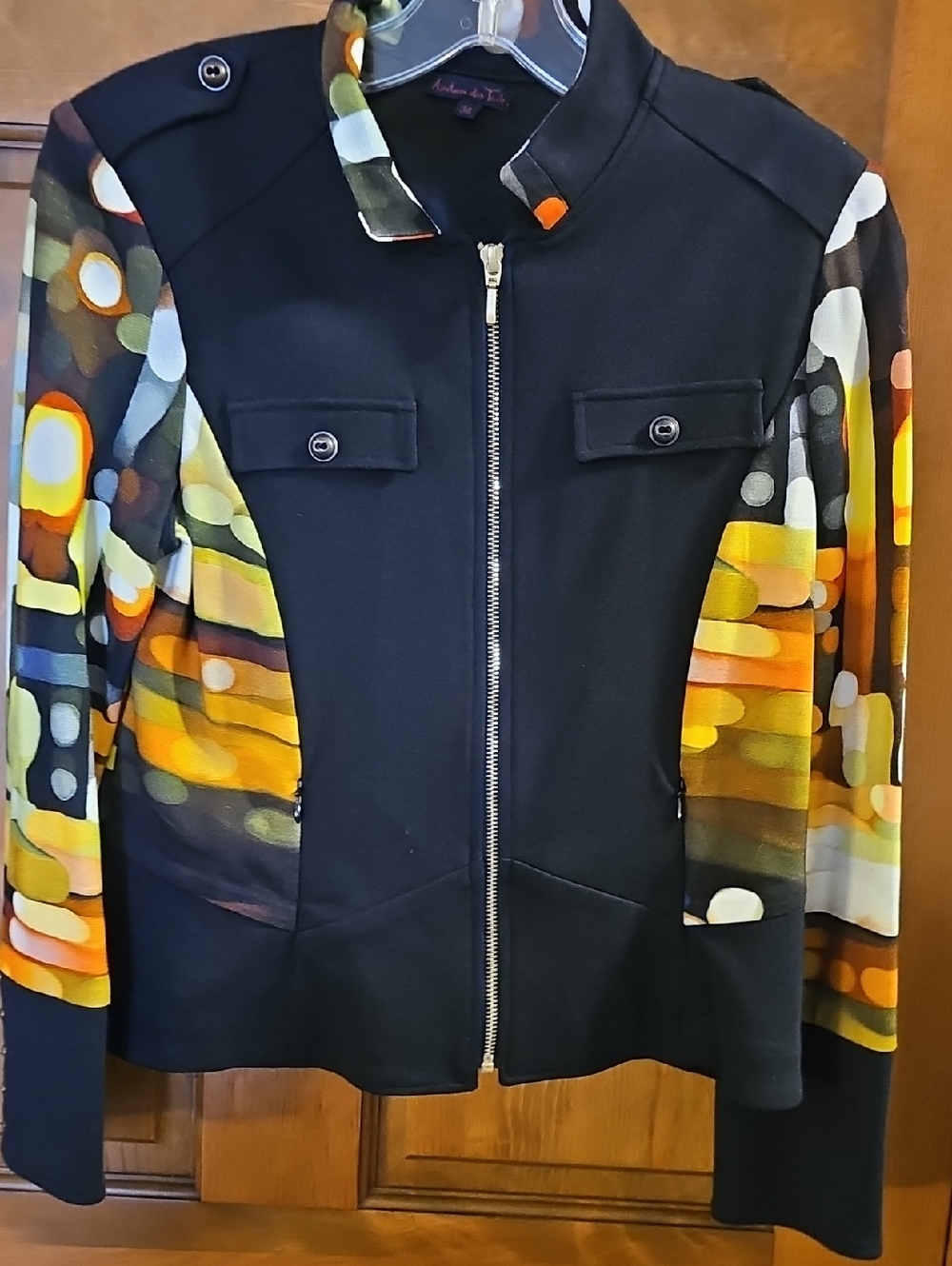 Aventures Des Toiles Black Jacket with Multicolor Abstract Sleeves EUC